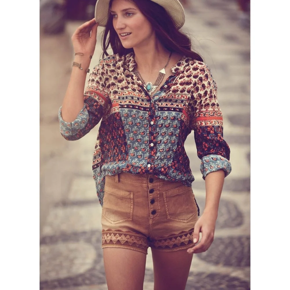 Free People Top Blouse Caravan Patchwork Button Boho Western Spring Summer Fall
